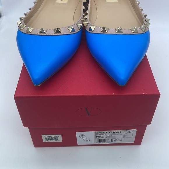Valentino Garavani Blue leather beige trim Rockstud Ballerina flats 37.5 - Picture 11 of 12